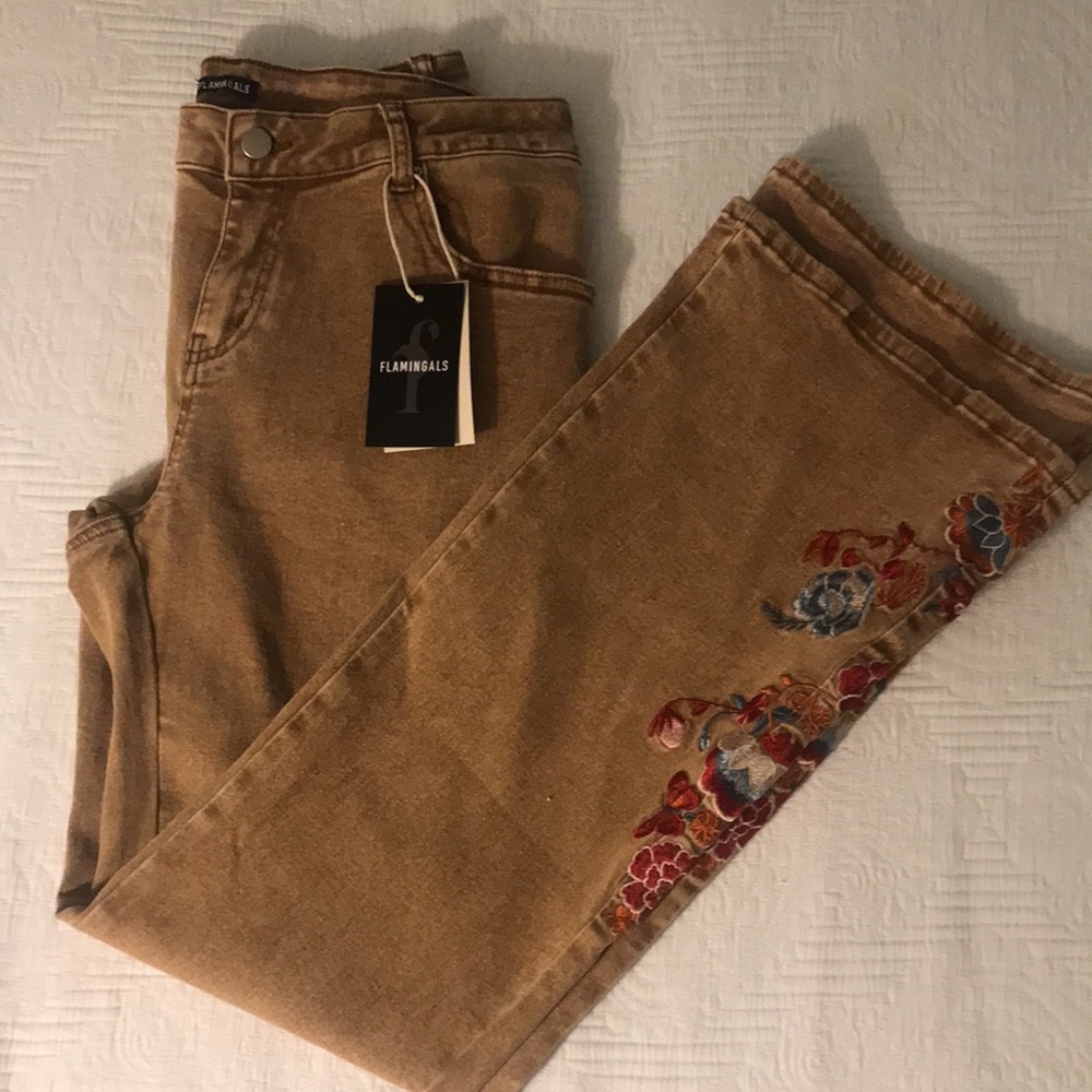 New Flamingals Tan Jeans with Floral Embroidery Western Cowgirl XL - Picture 3 of 17